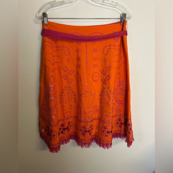 Cadi and Blue Vtg Midi Embroidered beaded Skirt Sz 10 Orange Sequins boho gitsy - Picture 10 of 13